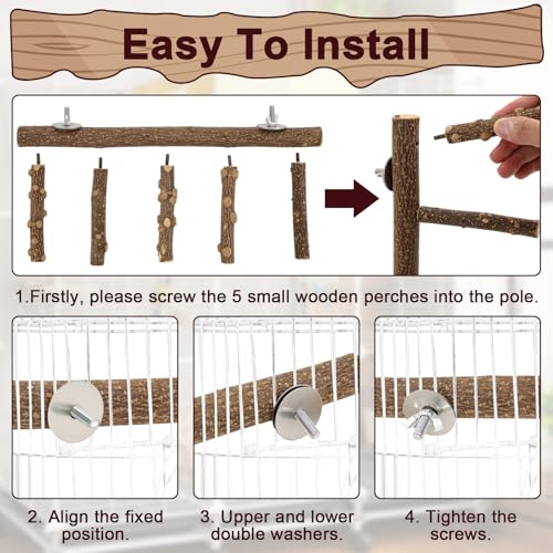 Bird Ladder Perches for Cage, Pole Standing Natural Wood Birds Perch Set, Climbing Chewing Toys, Paw Grinding Fork Parrot Cage Branch with Rope for Macaw Budgie Lovebirds - Thumbnail 3