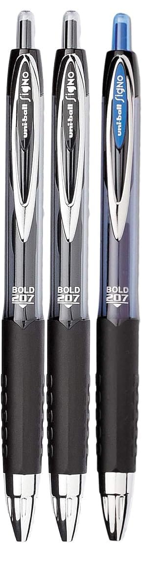Signo 207 Roller Ball Retractable Gel Pens, Bold Point (1.0mm), Black And Blue Ink, 3 Count,