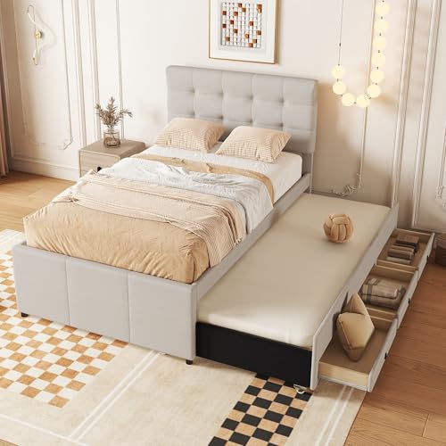 Cama doble tapizada con 3 cajones, cama nido y cabecero ajustable, color gris, 90 x 200 cm (90 x 190 cm), color beige