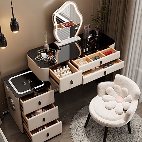 Mesa de tocador LED con espejo iluminado, escritorio de maquillaje con 3 modos de color, 3 cajones, armario de almacenamiento y estación de carga para decoración y estilo de dormitorio