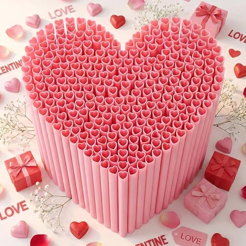 100PCS Valentines Day Heart Straws - Heart Shaped Pink Straws Plastic Disposable Drinking Straws Cute for Valentines Day Wedding Party Birthdayparty Decorations (Pink)