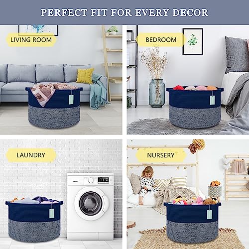 Image of Large Cotton Rope Blanket Basket, 87L Laundry Hamper, Navy Blue | Collapsible Woven Nursery Hamper, Sturdy Handles for Clothes Toys Towels, Ideal for Living Room Bedroom Bathroom