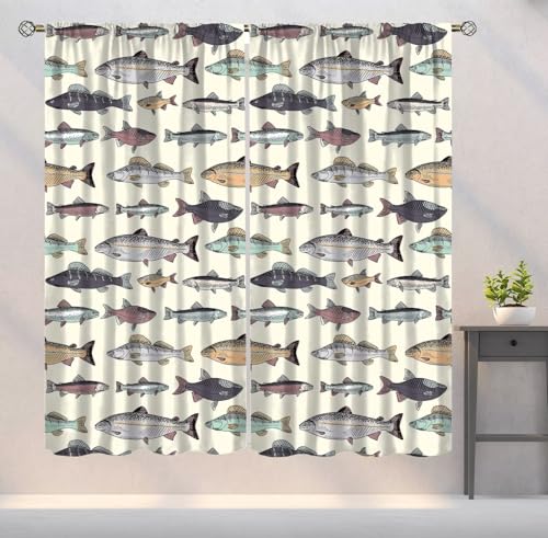YSWOW Fish Curtains Vintage Fishes Drawing Art Printed Blackout Window Drapes for Bedroom Living Room Kitchen Decor Fabric Set 2 Panel 42x45 Inch 30% Shading Rate