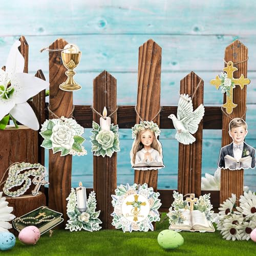 Spiareal 36 Pcs First Holy Communion Banner First Communion Party Decorations 1st Holy Communion Decor for Girls Boys Baby Shower Baptism Banner