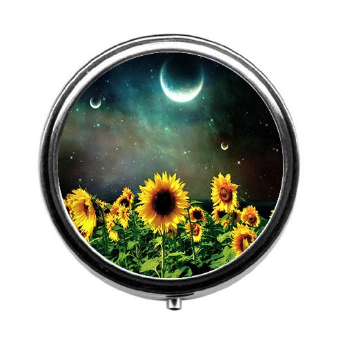 Night Sunflowers Cute Pill Box/Pill case-Round Pill Box/case- Three-Compartment Pill Box/Pill case …