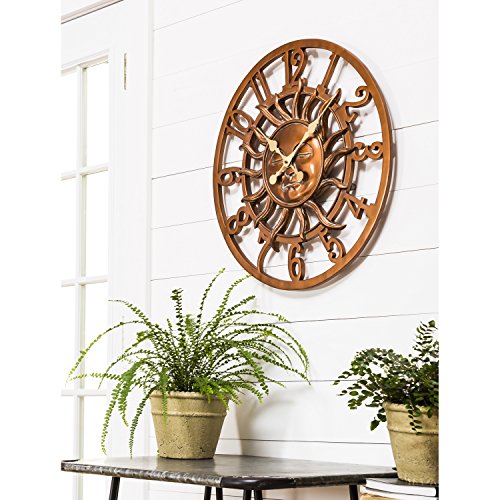 Cape Craftsmen Modern Farmhouse Round Sun 24" Indoor Outdoor Wall Clock | Golden Copper Finish | Weatherproof And Outdoor Safe | Home Decor Art | Garden Patio Yard Deck Living Room Kitchen Sunroom #TOP2