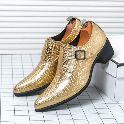 Men's Pointed Toe Chunky Heels Monk Strap Oxford Shoes,Fashion Shiny Business Formal Slip On Loafers Low Top Chelsea Wedding Derby Shoes 5