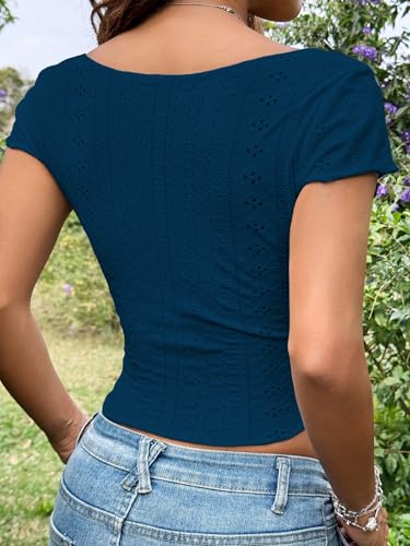 Image of Sugathari Girl's & Women's Beige Eyelet Embroidery Knitted Square Neck Casual Slim Fit Women T-Shirt, Short Sleeve Schiffli Crop Top, Solid Color Tee for Spring /Summer Outfits (Crop Top 195)