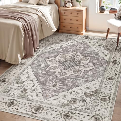 SERISSA Bedroom Boho Rug 4x6, Vintage Washable Area Non Slip, Ultra Soft Print Distressed Entry Low-Pile Throw Earth Tone Carpet for Nursery Dorm Kitchen Living Room Decor