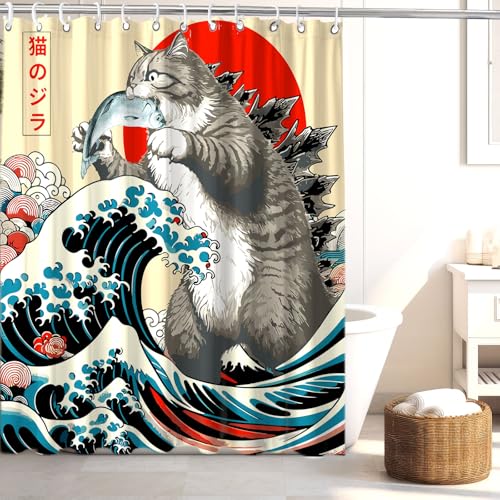 Image of Funny Japanese Cat Shower Curtain, Vintage Cat Eating Fish Japan Art Anime Sunset Wave Waterproof Shower Curtain with Hooks, Animal for Kids Fabric Shower Curtains Bathroom Decor 72X72inches