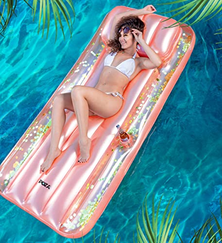 Poza Inflatable Giant Pool Mattress - Sparkle Confetti Luxury Pool Float With Cup Holder, Headrest, Phone Holder, Kid And Adult Floats For Swimming Pool Lounger, Lake, Or Beach - 76X32 Inch Rose Gold #TOP1