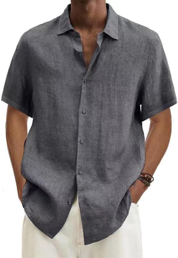 MARSVOVO Office Shirts for Men Short Sleeve Slim Fit Cotton Linen Shirts Men Big and Tall Casual Button Down T-Shirt Men