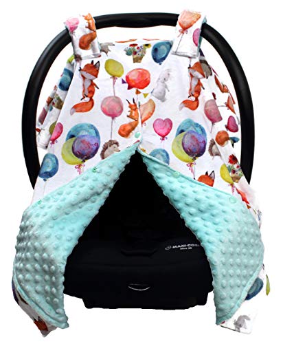Image of Dear Baby Gear - Baby Car Seat Canopy - Infant Car Seats Covers - Carseat Canopies for Boys and Girls - Toddler Carseat Cover with Snap Opening (Forest Animals with Balloons /Opal Blue Dot 40 inchx30 inch)