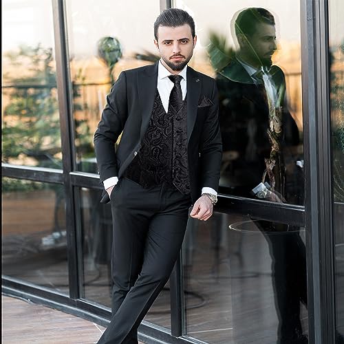 Image of DiBanGu Mens Paisley Vest Silk Sleeveless Suit Vest and Neck Tie Pocket Square Cufflinks Set for Wedding Formal