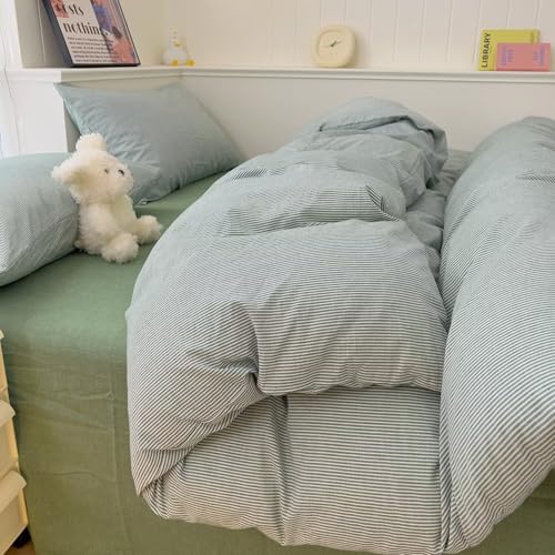 Image of MKXI Ultra-Fine Stripe Duvet Cover Set Queen, 100% Washed Cotton Green & White Textured Bedding, 3 Piece Breathable Comfy Farmhouse Style Duvet Cover with Pillow Shams