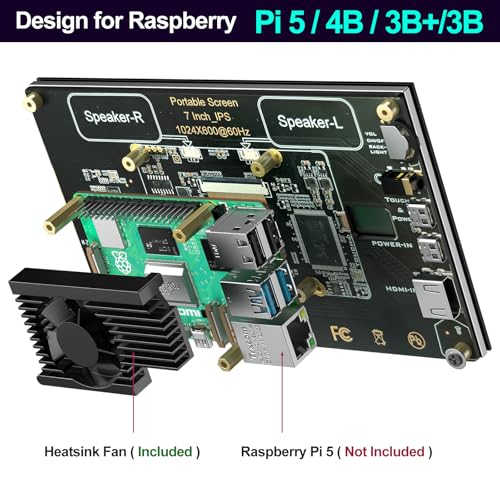 Image of 7 inch IPS LCD Display with Capacitive Touch Screen 1024x600 HDMI Monitor for Raspberry Pi 5 /4B /3B+ /3B /B+, Built-in Dual Speakers, Supports DAC /DAC PRO /AMP /AMP PRO and Raspberry Pi Hats