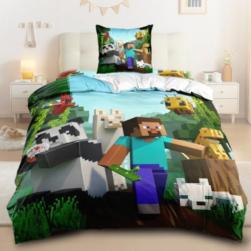 Kayuneed Bettwäsche Set für Jungen 3D Miner Game Bettwäsche für Kinder 135x200cm mit Kopfkissenbezüge 80x80cm Kinder Bettbezug Mit Reißverschluss 100% Polyester Microfibre Bettwäsche Set für Jungen