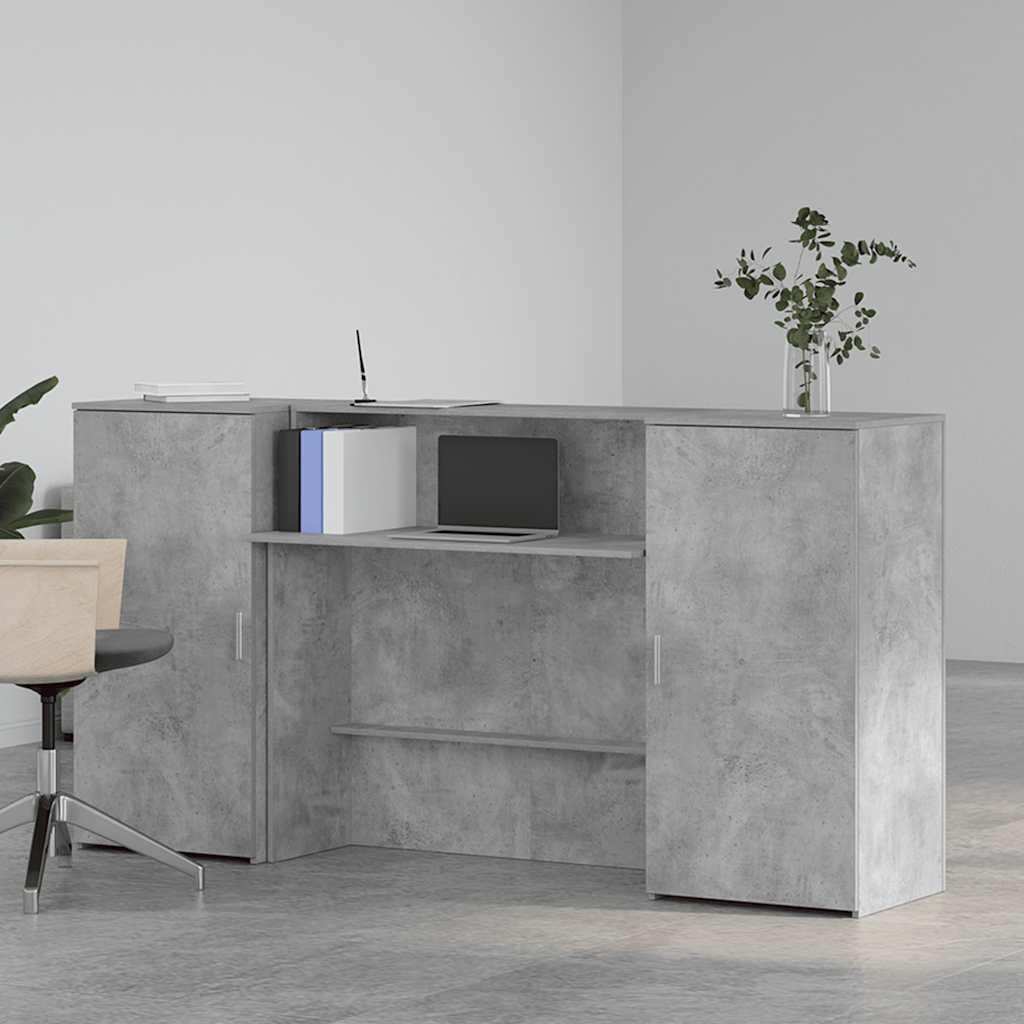 Banco reception, grigio cemento, 200 cm, con bancone integrato e armadietto in legno, ricezione ufficio con spazio di archiviazione e banconi per applicazioni versatili
