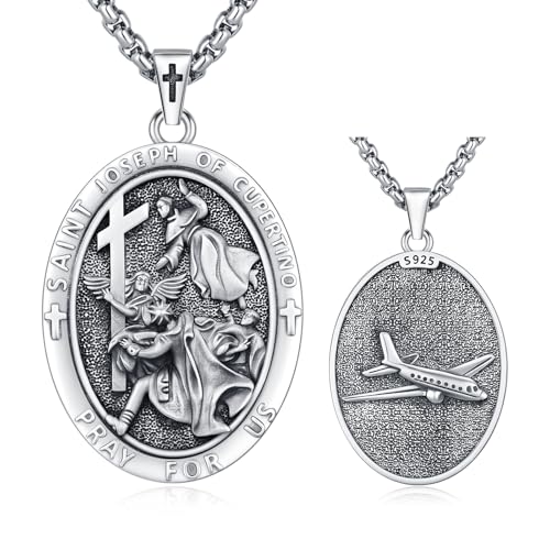 Lfkk St Saint Joseph of Cupertino Medal Necklace 925 Sterling Silver Medalla De San Jose De Cupertino Pendant Mens Catholic Religious Protection Jewelry Gifts with 22+2 Rolo Chain