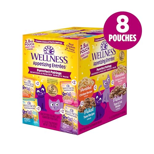 Image of Wellness Appetizing Entrees Flaked, Shredded and Mousse Variety Pack Adult Wet Cat Food, Natural, Protein-Rich, Grain Free, Seafood & Poultry Recipes, 2.8 oz, Pack of 8 Pouches