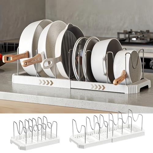 Expandable Pot and Pan Organizer Rack for Kitchen Cabinet or Under Sink, Adjustable Lid Holder with 7 Dividers, Space-Saving Storage for Renters, Small Homes, and Busy Cooks, White