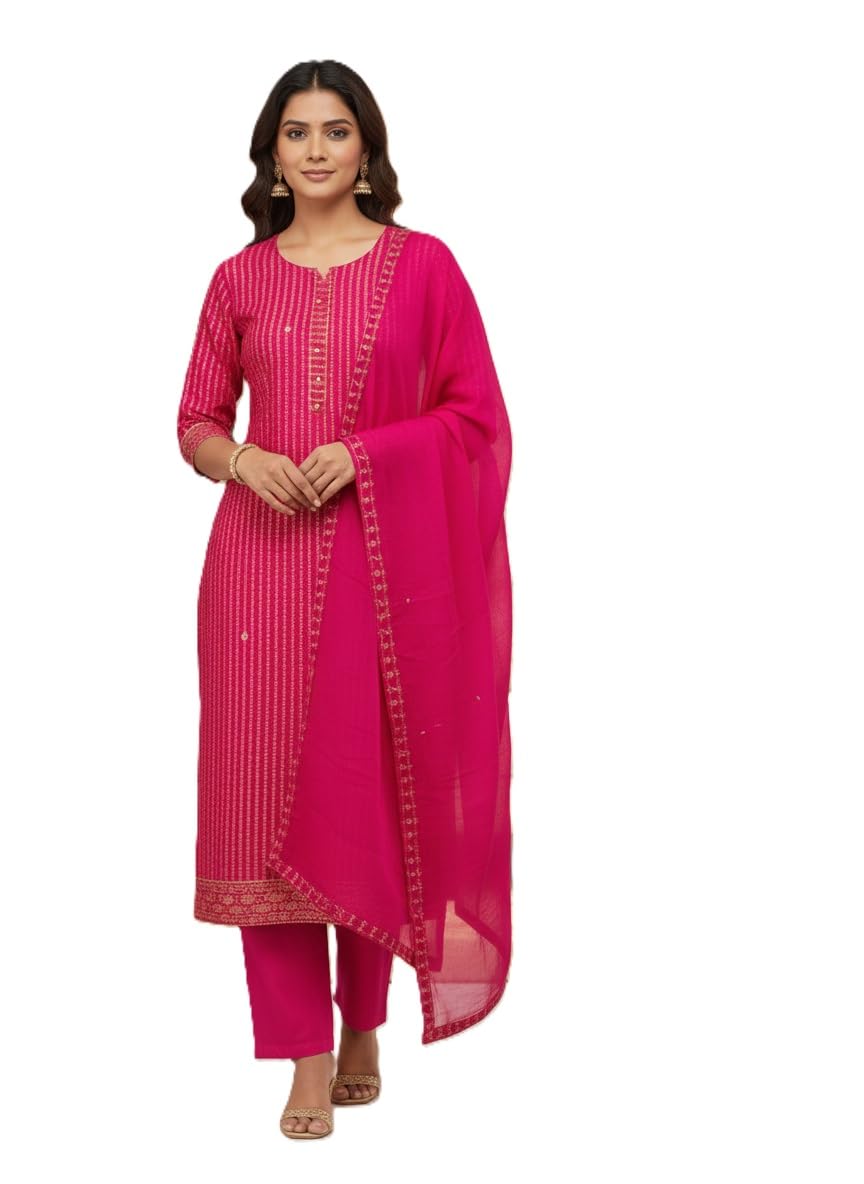 Women's Pink Embroidered Suit Set with Dupatta, Traditional Indian Ethnic Wear-image-1