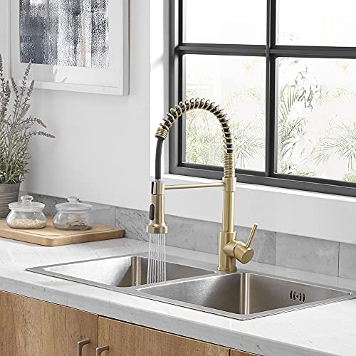 Brushed Gold Pull Down Kitchen Sink Faucet Hvnvn Spring Brushed Gold Kitchen Faucets With Sprayer Solid Brass Single Handle One Hole Faucet For Farmhouse Camper Laundry Utility Rv Wet Bar Sinks #TOP7