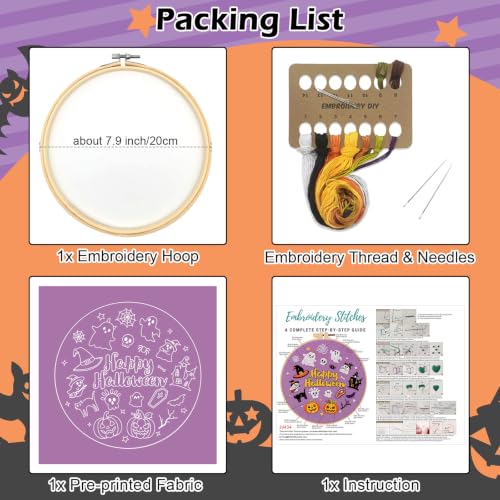 Image of Louise Maelys Halloween Pumpkin Embroidery Kit for Beginners DIY Craft | Cross Stitch Kits for Halloween Crafts, DIY Needlepoint Kit Includes Pre-Printed Fabric, Hoop, Threads, Needles and Guide