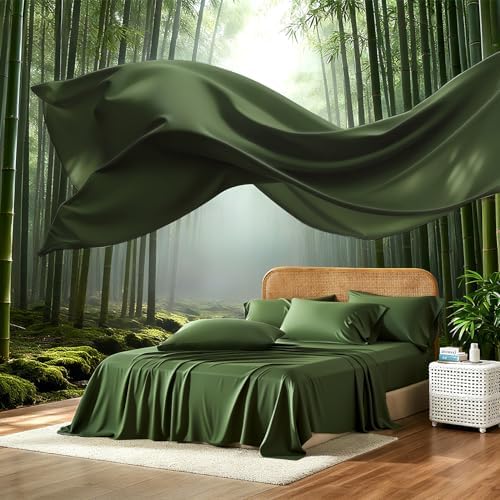 100% Viscose Derived from Bamboo Sheets King Size,Soft & Cooling Viscose from Bamboo Sheets Set, Organically Grown,Breathable & Soft Deep Pocket Up to 18 Inches(Olive Green) - Thumbnail 5