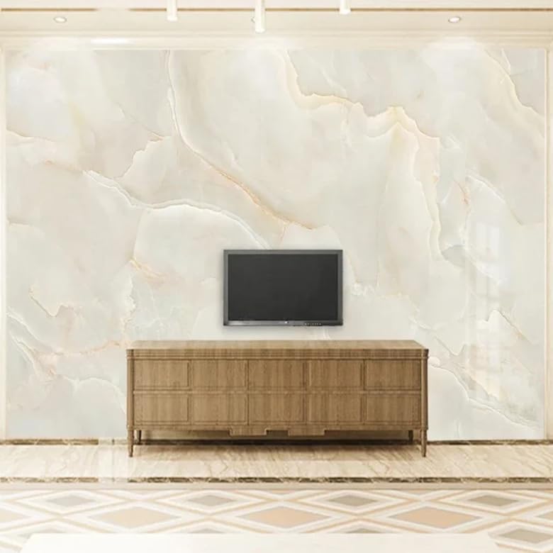 Papier peint marbre beige salon moderne derriere canape TV - 3
