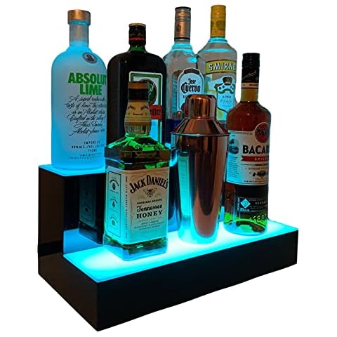 College Instruments Liquor Bottle Display LED Shelf - 2 Step Multicolor Lighted Bar Stand 16 inch Cover