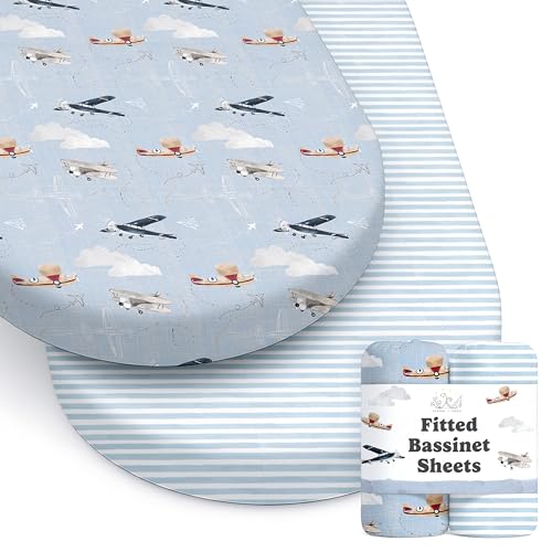 Image of Baby Bassinet Sheets for Boy, Girl (Airplanes & Clouds) 2-Pack - Fitted Bedside Bassinet Sheets - Buttery Soft Cotton Blend for Standard Mattress Pad