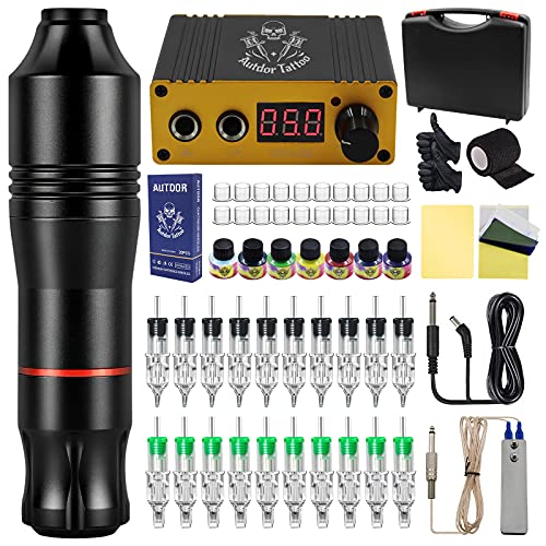 Tattoo Kit - Autdor Complete Cartridge Tattoo Machine Kit Professional Tattoo Pen Kit Including Rotary Tattoo Machine Pen Tattoo Cartridges Needles Tattoo Ink Tattoo Accessories for Tattoo Supplies