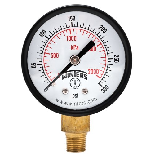 Winters 2 inch Dial Size, Economy Utility Dry Pressure Gauge, Brass Internals, Black Steel Case, Dual Scale 0-300 psi/kPa, 3-2-3% Accuracy, 1/8 inch NPT Bottom Mount, Multi Function Pressure Gauge