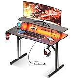 MOTPK Small Gaming Desk with LED Lights & Power Outlets, 31 Inch Computer Desk Gaming Table with Monitor Shelf, Gamer Desk with Carbon Fiber Texture, Kids Boys Desk Gift for Men
