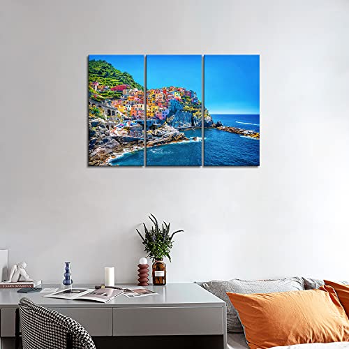 3 Pieces Modern Canvas Painting Wall Art The Picture For Home Decoration Cityscape Traditional Port Mediterranean Sea Cinque Terre Italy Coast Landscape Print On Canvas Giclee Artwork For Wall Decor #TOP2