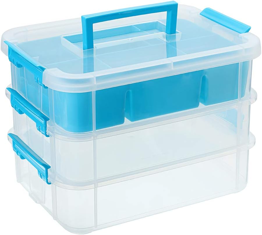JUXYES 3-Tiers Stack Carry Storage Box With Divided Tray, Transparent Stackable Storage Bin With Handle Lid Latching Storage Container for School & Office Supplies (Blue)