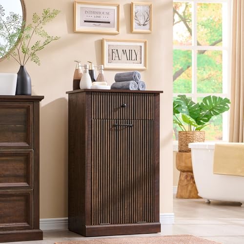 Image of IFBUY Modern Tilt Out Laundry Hamper Cabinet, 10 Gallon Fluted Trash Can Cabinet with Drawer, Wooden Hidden Garbage Can Cabinets with Laundry Basket, Free Standing for Bathroom and Kitchen, Brown