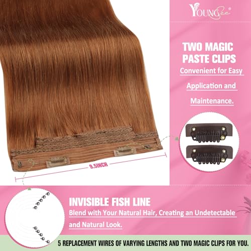 Image of YoungSee Copper Wire Hair Extensions Real Human Hair Colored Copper Invisible Wire Hair Extensions for Women Dyable Fish Line Hair Extensions 20inch 105g