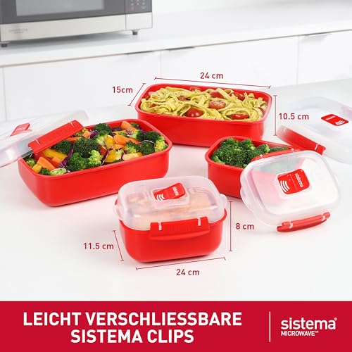 Foto von Sistema Microwave-Heat & Eat Frischhaltedosen Set | 4 rechteckige Mikrowellen-Vorratsdosen mit Deckeln (2 x 1,25 l + 2 x 525 ml) | verschließbare Clips und Belüftungsventile [82005]