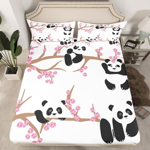 Kids Panda Fitted Sheet Cherry Blossoms Sheet Set TwinXL Size Cute Animal Bedding Set for Boys Girls Teens Flower Branches Cartoon Bottom Sheet Soft Microfiber Bed Decorative(No Flat Sheet)