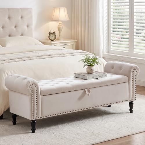 AEMEIOS 67'' End of Bed Storage Bench King Size, Storage Bench for Bedroom End of Bed, Upholstered Velvet Tufted Storage Ottoman Benches with Arms for Living Room, Entryway, Beige
