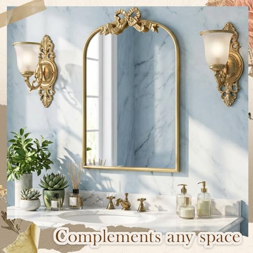 Image of Vercraft Gold Bow Mirror 27 inchx19 inch Vintage Arched Vanity Wall Decorative Mirror with Metal Frame Antique Baroque Bow Decor for Home Dressing Table Entryway Bathroom Hallway Living Room