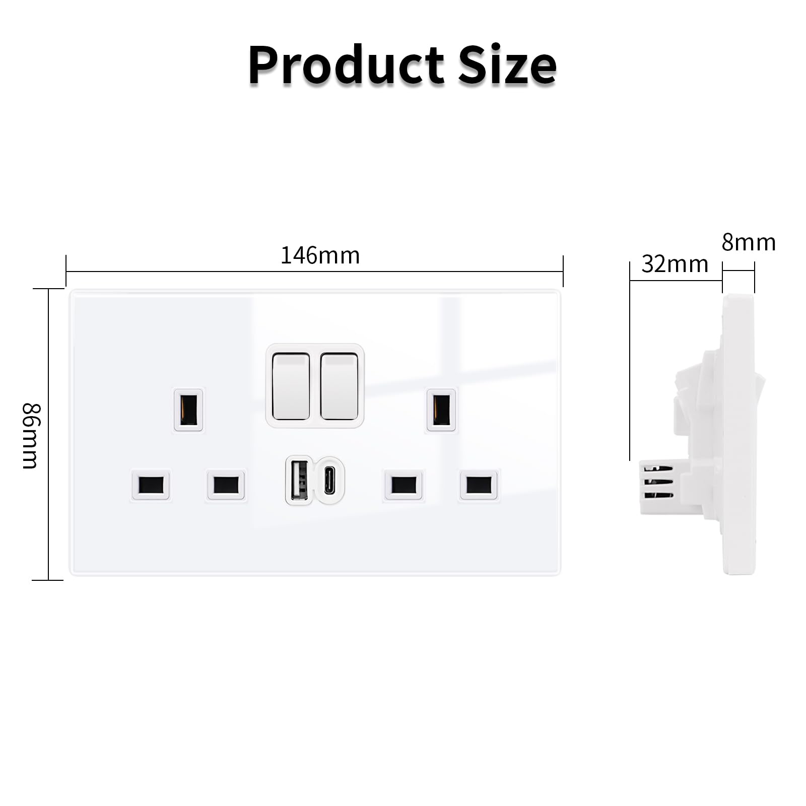 JIMEIDA 2 Pack Double Switched Socket White 20W Fast Charging 13 Amp with USB A and USB C Charging Ports Crystal Glass Panel Wall Outlet - Image 3