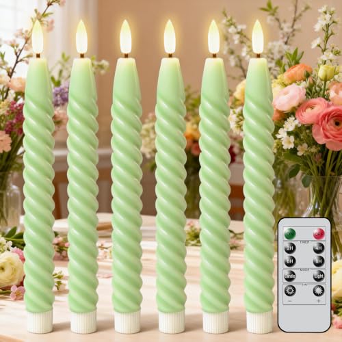 Image of Green Flameless Taper Candles Flickering with Remote Timer