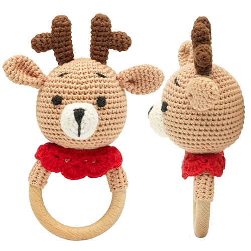 Beißring Baby Rentier gehäkelt aus Holz – Handgemachte Rassel –...