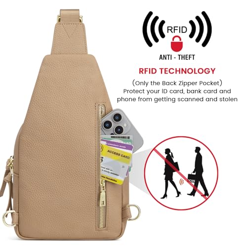 Image of Kattee Small Leather Sling Bag for Women with RFID Blocking,Tan | Top grain pebbled leather with RFID blocking, multiple pockets, and a convertible strap for travel.