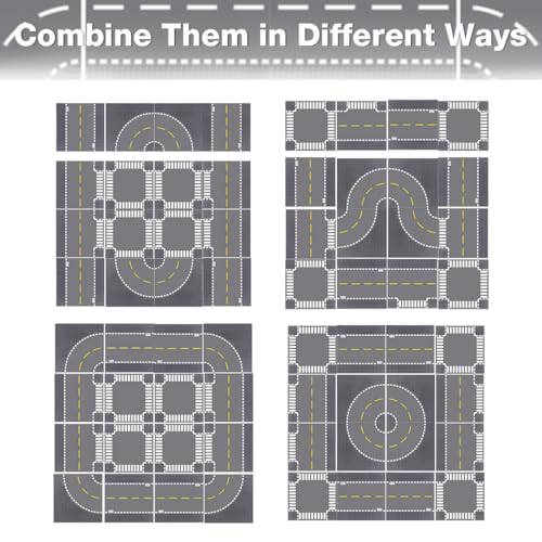 Image of Lekebaby 16 Pack 10 inch x 10 inch City Street Baseplates, 4 Curve / 4 T-Junction / 4 Straight / 4 Junction, Grey, HO Scale, Compatible with Major Brands