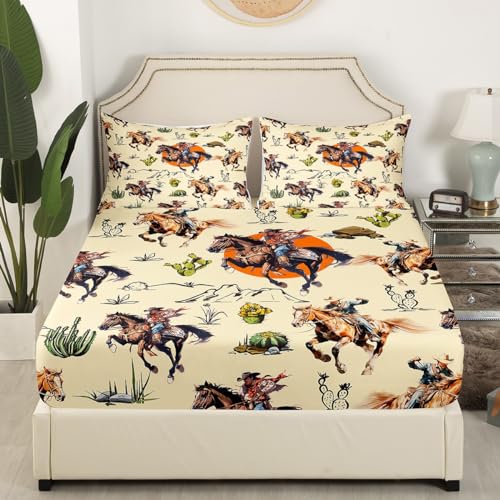 Castle Fairy Western Cowboys Horses Bed Sheet Set,Retro Farmhouse Style Tropical Cactus Plants Fitted Sheet Set Queen 4 Pcs,Hand Draw Mountain Sun Sheet Set Includes Fitted Sheet + Flat Sheet + 2 Pillow Cases thumb #1