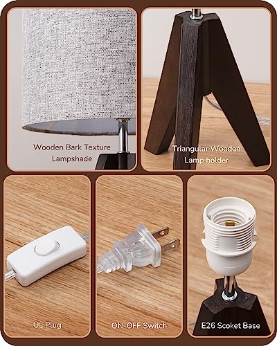 Edishine Table Lamp With Walnut Color Wooden Tripod, Linen Grey Lampshade, 14.2 Inch Nightstand Lamp, E26 Socket, Bedside Table Lamp For Nursery, Bedroom, Office, Kid Room, Living Room #TOP3